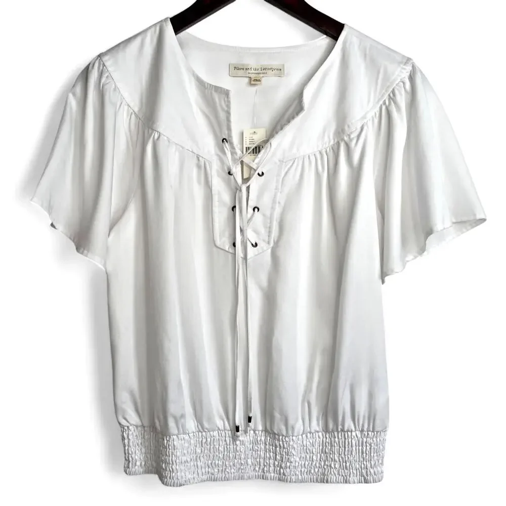 New Anthropologie Pilcro Lace Up Flutter Sleeve Top Size 10 White Short Sleeve